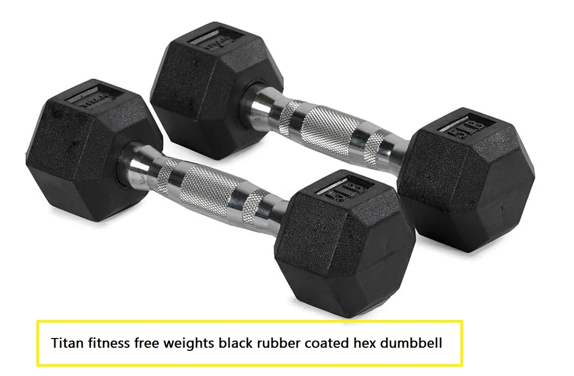 Two Titan Fitness black rubber coated hex dumbbells crossed on a white background, showing knurled chrome handles and embossed weight labels