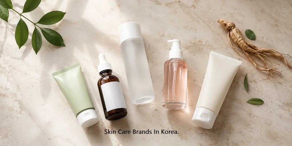 Flat lay of five unbranded Korean skincare products, a green tube, a dropper bottle, a frosted toner, a pink pump bottle, and a white cream tube, arranged on a marble surface with dried ginseng root and green leaves.