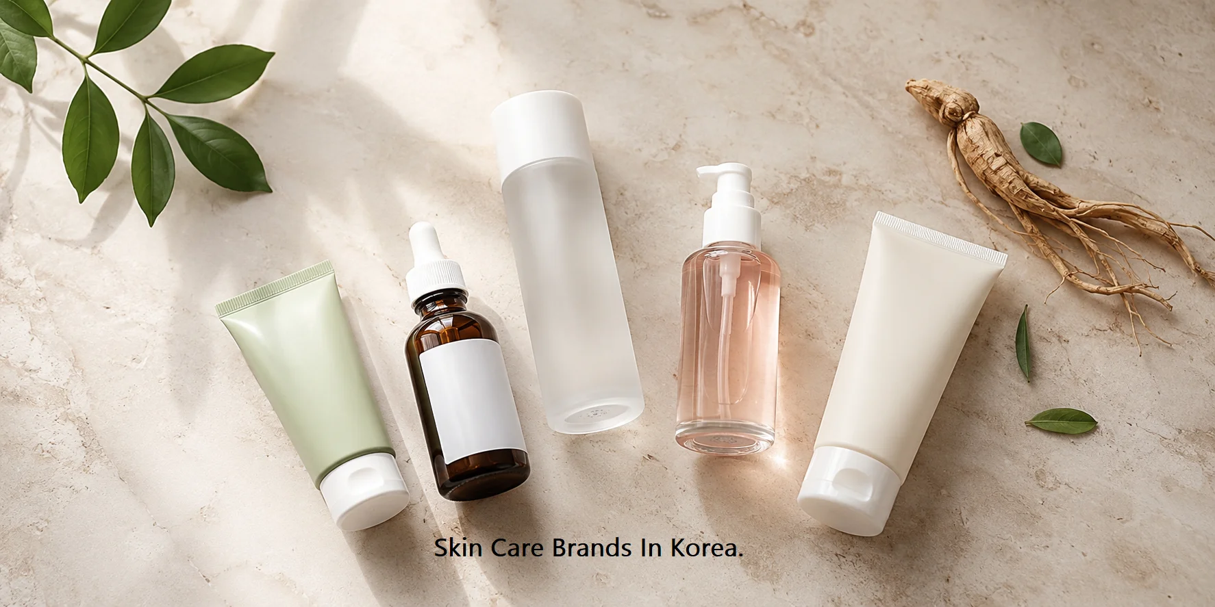 Flat lay of five unbranded Korean skincare products, a green tube, a dropper bottle, a frosted toner, a pink pump bottle, and a white cream tube, arranged on a marble surface with dried ginseng root and green leaves.