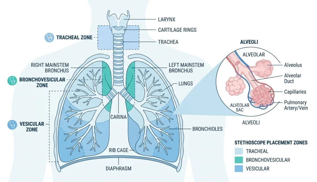 Doctor performing lung auscultation to check for vesicular breath sounds, stethoscope on patient's back