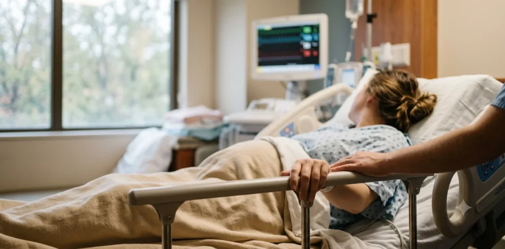 A calm hospital labor and delivery room, the setting where an amniotomy procedure typically takes place.
