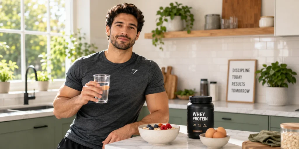 Man in workout shirt holding a glass of water in a kitchen, standing beside a bowl of berry oatmeal, a tub of chocolate whey protein powder, and a bowl of eggs on a marble counter