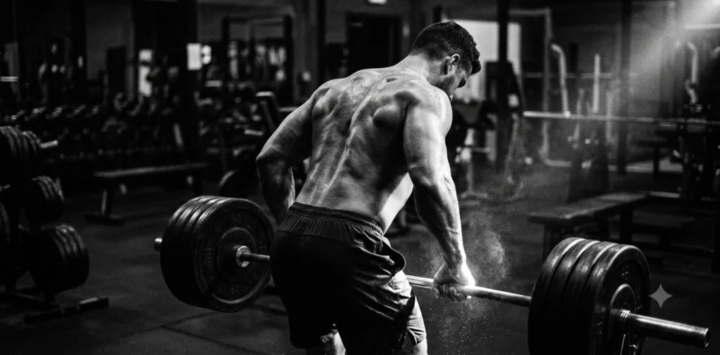 A dramatic black-and-white photograph from behind a muscular bodybuilder gripping a heavily loaded barbell mid-lift in a dark gym, with chalk dust catching the side lighting.