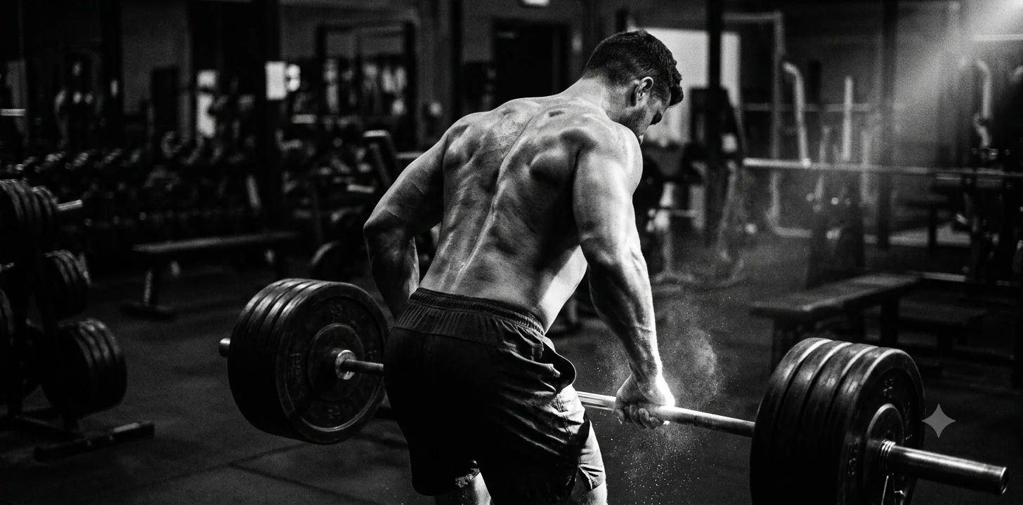 A dramatic black-and-white photograph from behind a muscular bodybuilder gripping a heavily loaded barbell mid-lift in a dark gym, with chalk dust catching the side lighting.