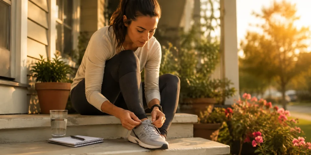 Woman tying running shoe laces on porch steps at sunrise with a notebook and glass of water beside her