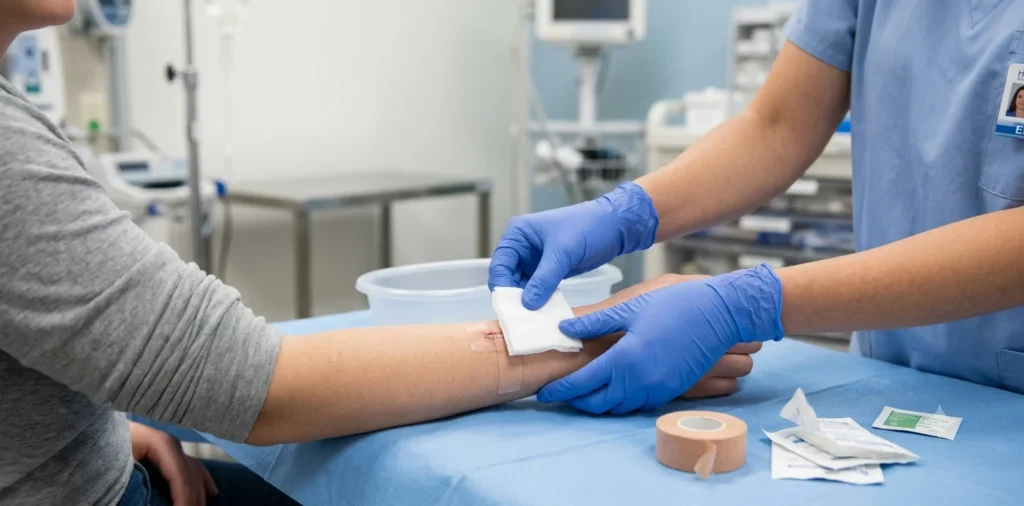 Nurse's gloved hands changing a sterile wound dressing, part of assessing sanguineous drainage during wound care