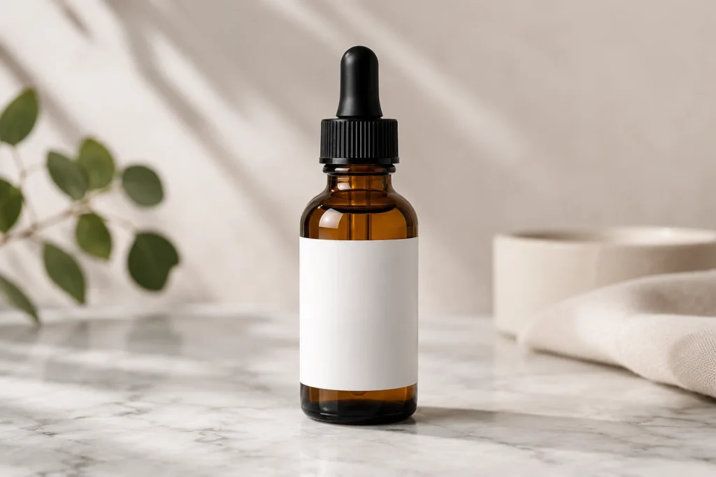 Amber glass dropper bottle serum with a minimalist label standing on a light gray marble surface under soft studio lighting, representing a gentle Korean-inspired retinol serum with snail mucin, bakuchiol, and hyaluronic acid.