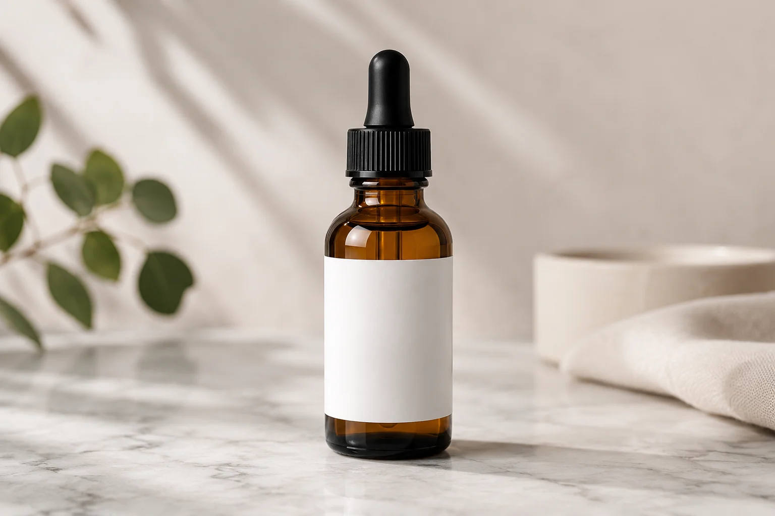 Amber glass dropper bottle serum with a minimalist label standing on a light gray marble surface under soft studio lighting, representing a gentle Korean-inspired retinol serum with snail mucin, bakuchiol, and hyaluronic acid.