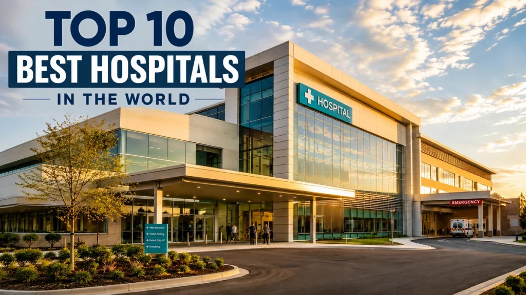 Modern hospital exterior at golden hour with 'Top 10 Best Hospitals in the World' text overlay, entrance and emergency bay visible
