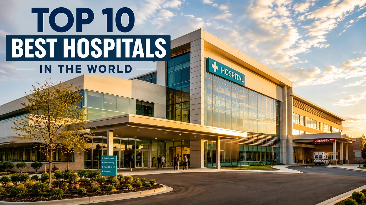 Modern hospital exterior at golden hour with 'Top 10 Best Hospitals in the World' text overlay, entrance and emergency bay visible