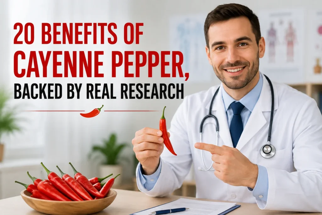 Doctor in a white coat with a stethoscope holds up a cayenne pepper and points to it while smiling, seated at a desk with a bowl of cayenne peppers, a notepad, and pen
