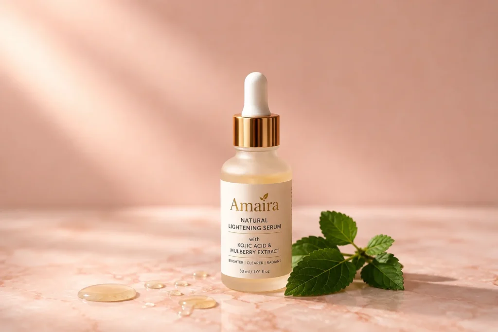 Amaira Natural Lightening Serum with Kojic Acid and Mulberry Extract bottle on marble surface