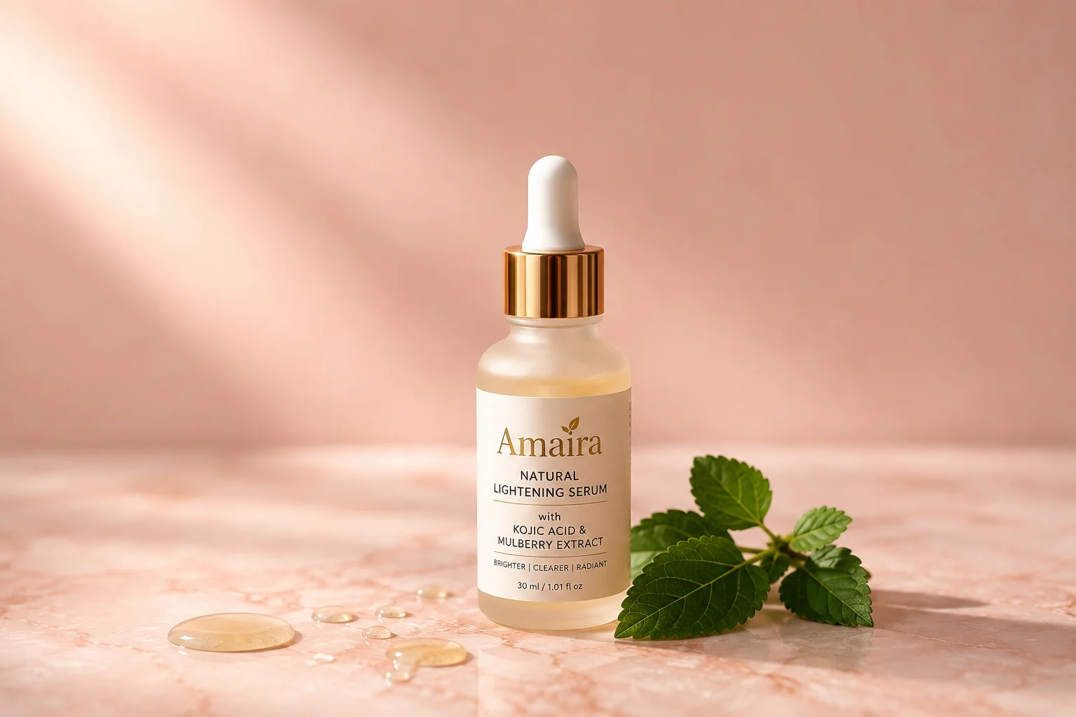 Amaira Natural Lightening Serum with Kojic Acid and Mulberry Extract bottle on marble surface