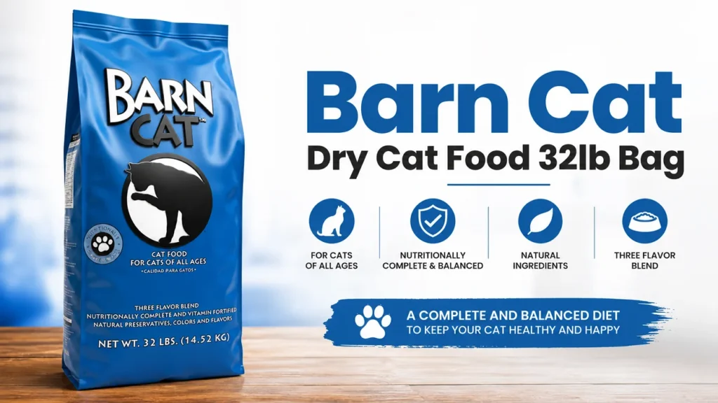 Blue 32lb bag of Barn Cat dry cat food on a wooden table, with icons highlighting it's for cats of all ages, nutritionally complete and balanced, made with natural ingredients, in a three flavor blend