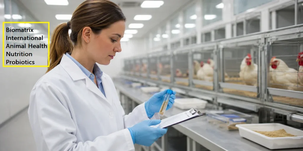 Biomatrix International : Researcher in lab coat and gloves examining a probiotic sample vial and clipboard in a poultry research facility, with laying hens visible in enclosures in the background