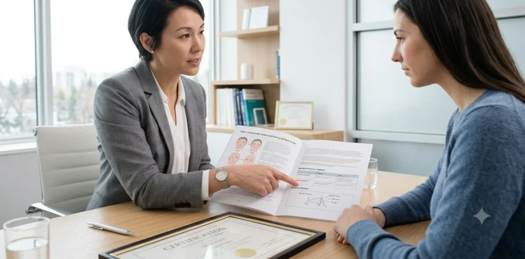 Patient and doctor reviewing board certification to help prevent botched plastic surgery outcomes