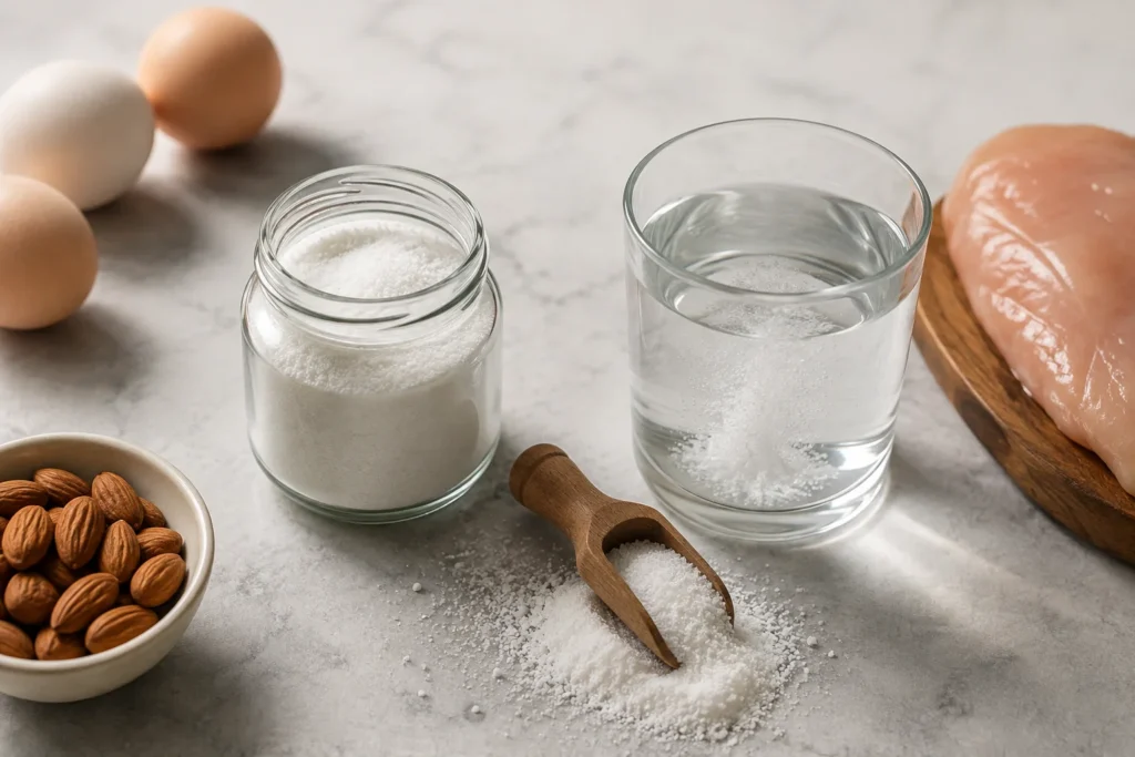 Glass jar of L-glutamiini powder with a wooden scoop, dissolved in water, next to eggs, almonds, and chicken breast