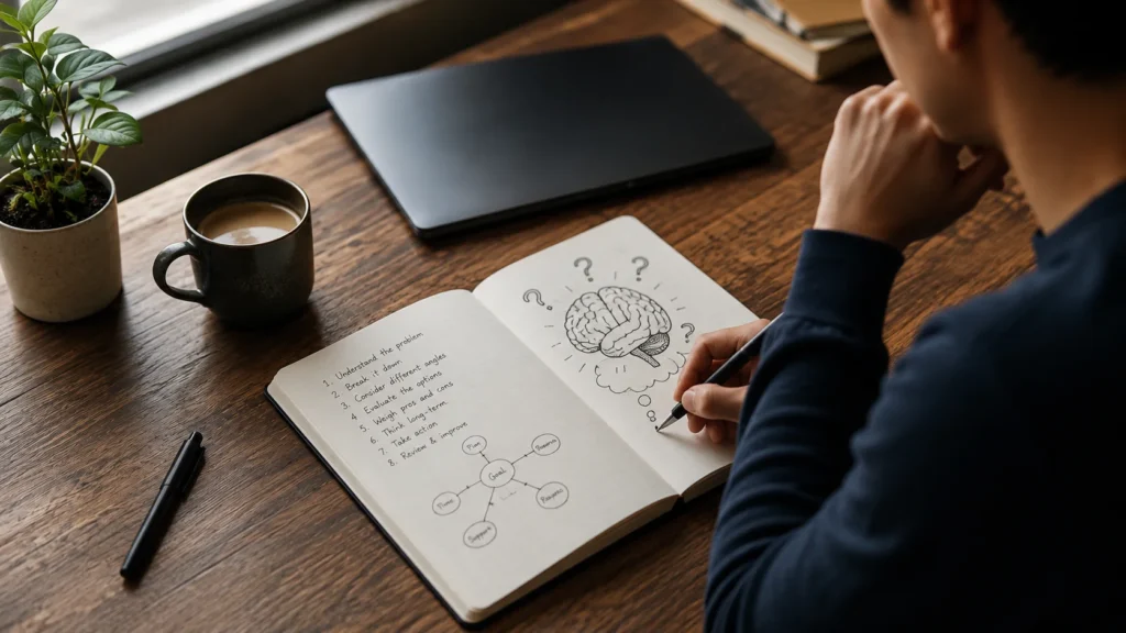 Person mapping out critical thinking exercises on a notebook at a desk