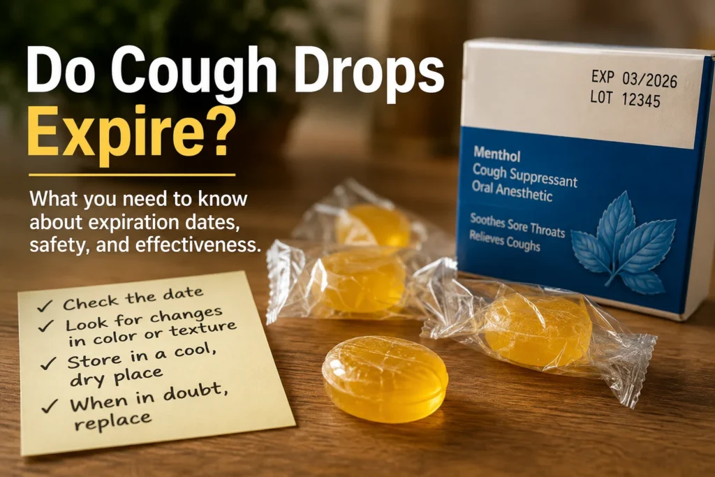 Cough drops with an expiration date on the package, showing how to check expiration, storage, and signs of spoilage.
