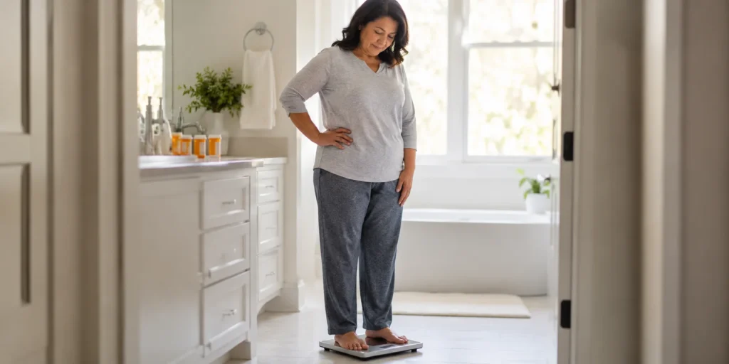 Does Lexapro cause weight gain — woman standing on a bathroom scale in a home bathroom, looking down thoughtfully