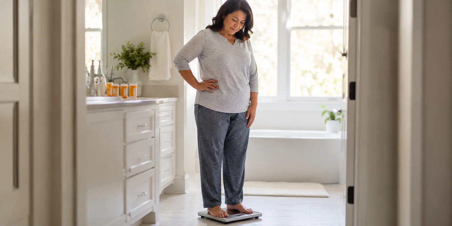 Does Lexapro cause weight gain — woman standing on a bathroom scale in a home bathroom, looking down thoughtfully