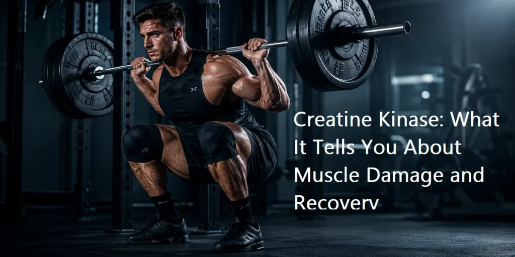 Athlete performing a deep barbell back squat during the eccentric descent phase in a gym: Creatine Kinase
