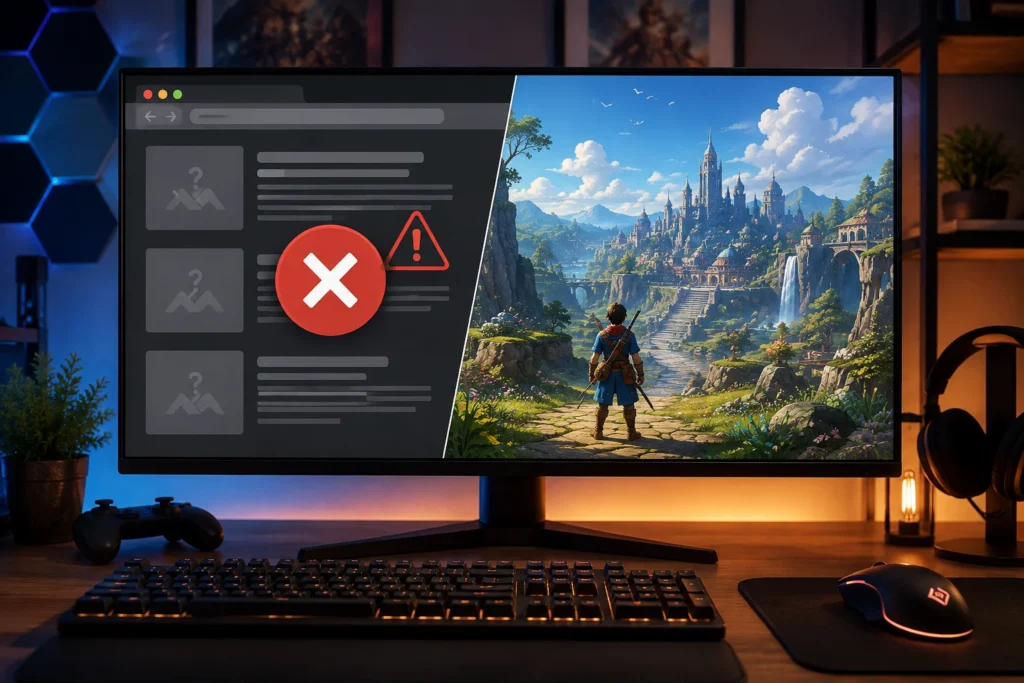 Illustration representing GrandiaMod1.2 download with a split-screen gaming monitor showing a missing download warning on one side and a colorful fantasy RPG world symbolizing legitimate Grandia mods on the other.