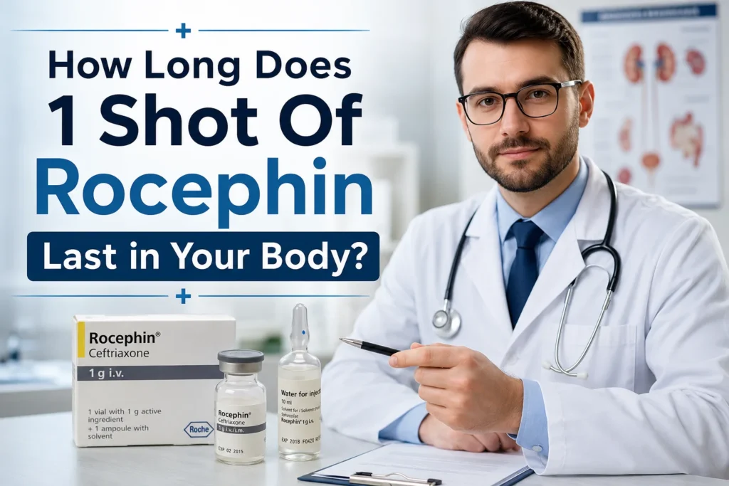 Doctor discussing Rocephin (ceftriaxone) injection and how long one shot lasts in the body.