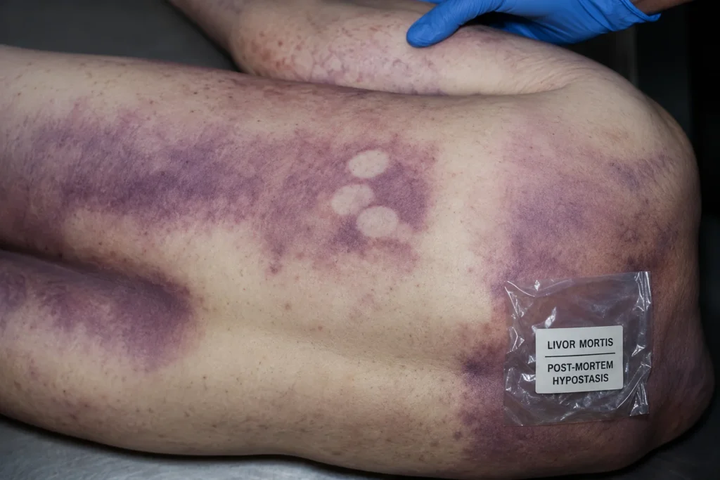 Close-up medical illustration showing hypostasis (livor mortis) with postmortem blood settling and purple skin discoloration on the lower body.