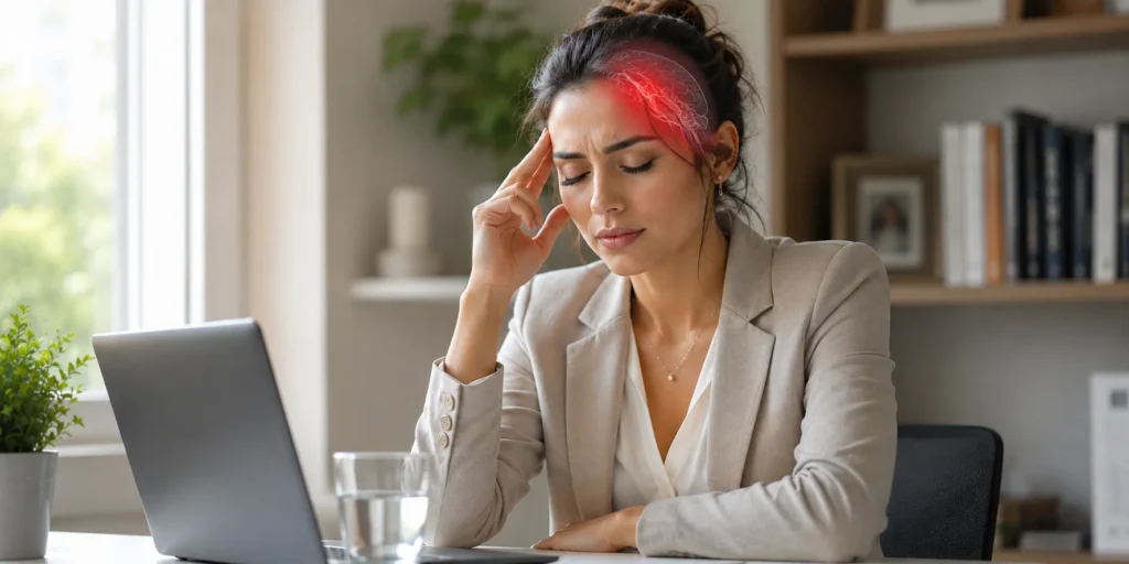 Woman pausing calmly, hand at temple, illustrating an ice pick headache