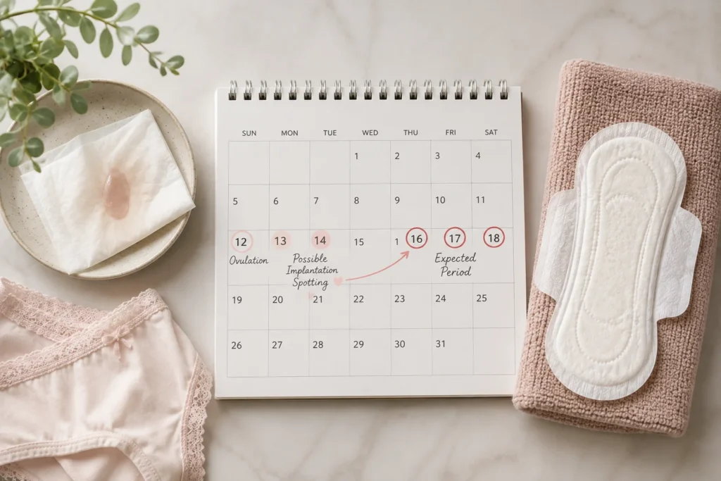 Implantation bleeding timing: woman checking calendar dates before her expected period
