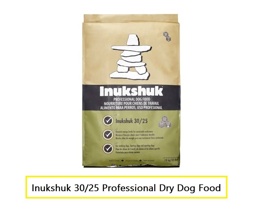 Inukshuk 30/25 Professional Dry Dog Food bag, tan and olive green packaging with white inukshuk stone landmark graphic, 15kg/33lb bag, labeled for working, hunting, and sporting dogs.