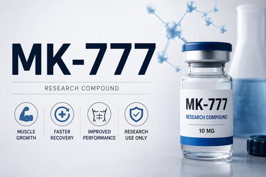 MK-777 research compound infographic showing its benefits, side effects, safety, and legal status.