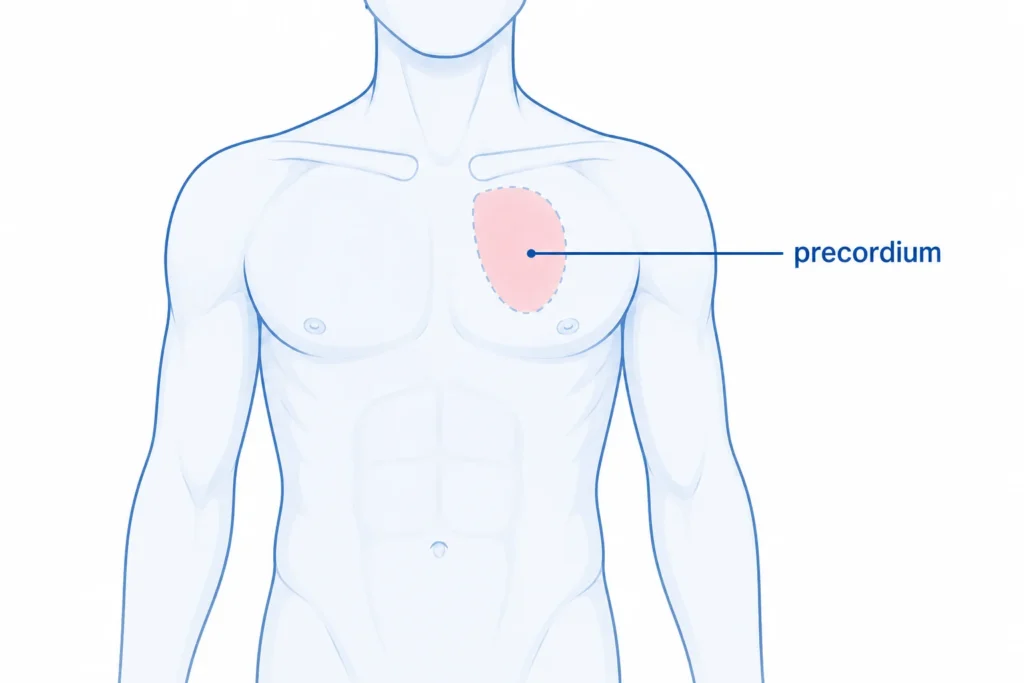 Precordial catch syndrome typically causes sudden, sharp pain in a small area of the left chest near the precordium