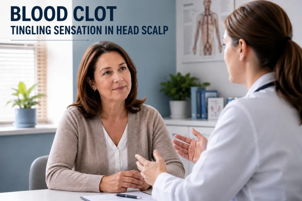 Woman discussing symptoms calmly with her doctor during a consultation