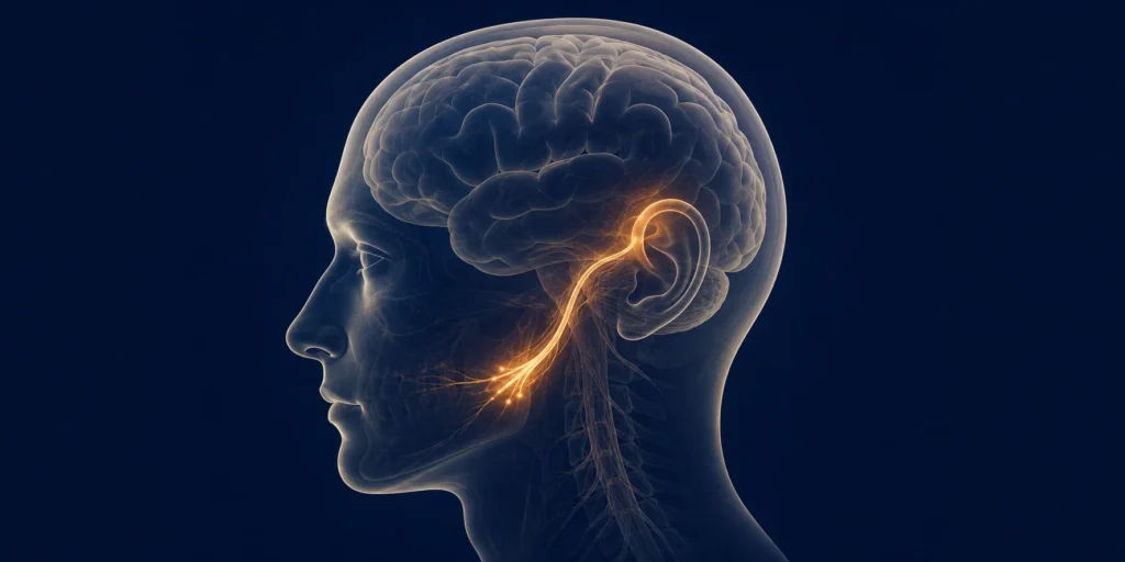 Illustration of a serotonin-tinnitus brain circuit linking serotonin neurons to the auditory pathway, related to new tinnitus severity research.