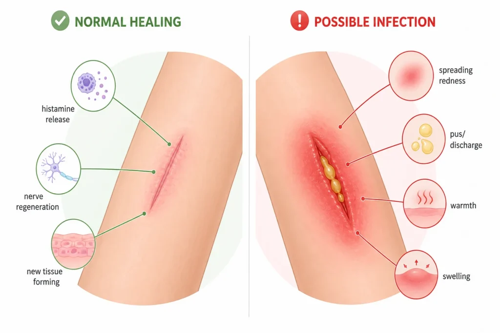 Is Itching a Sign of Healing or Infection? Split diagram comparing a healing wound (pink, flat, mild itch from histamine and nerve regeneration) with an infected wound (red, swollen, spreading redness, pus, warmth), plus three questions to check: is it improving daily, is redness spreading, is there pus or fever.