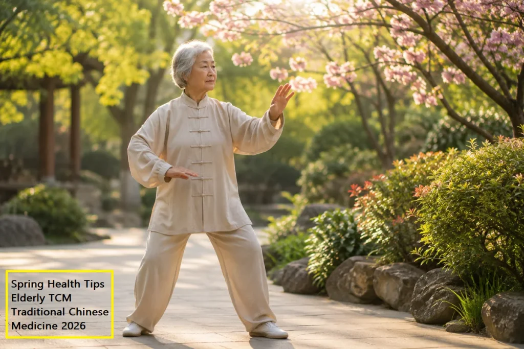 Elderly Asian woman practicing gentle tai chi in a blooming spring garden during warm morning light, promoting balance, mobility, and healthy aging inspired by Traditional Chinese Medicine.