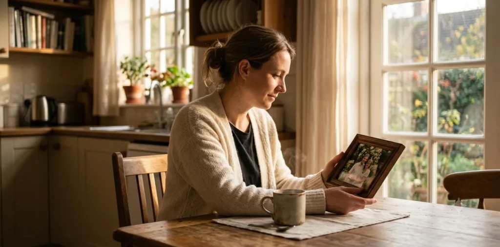 Woman sitting at a kitchen table in warm morning light, looking at a framed photograph of two people while a cup of coffee sits nearby: The 7 Stages of Grief