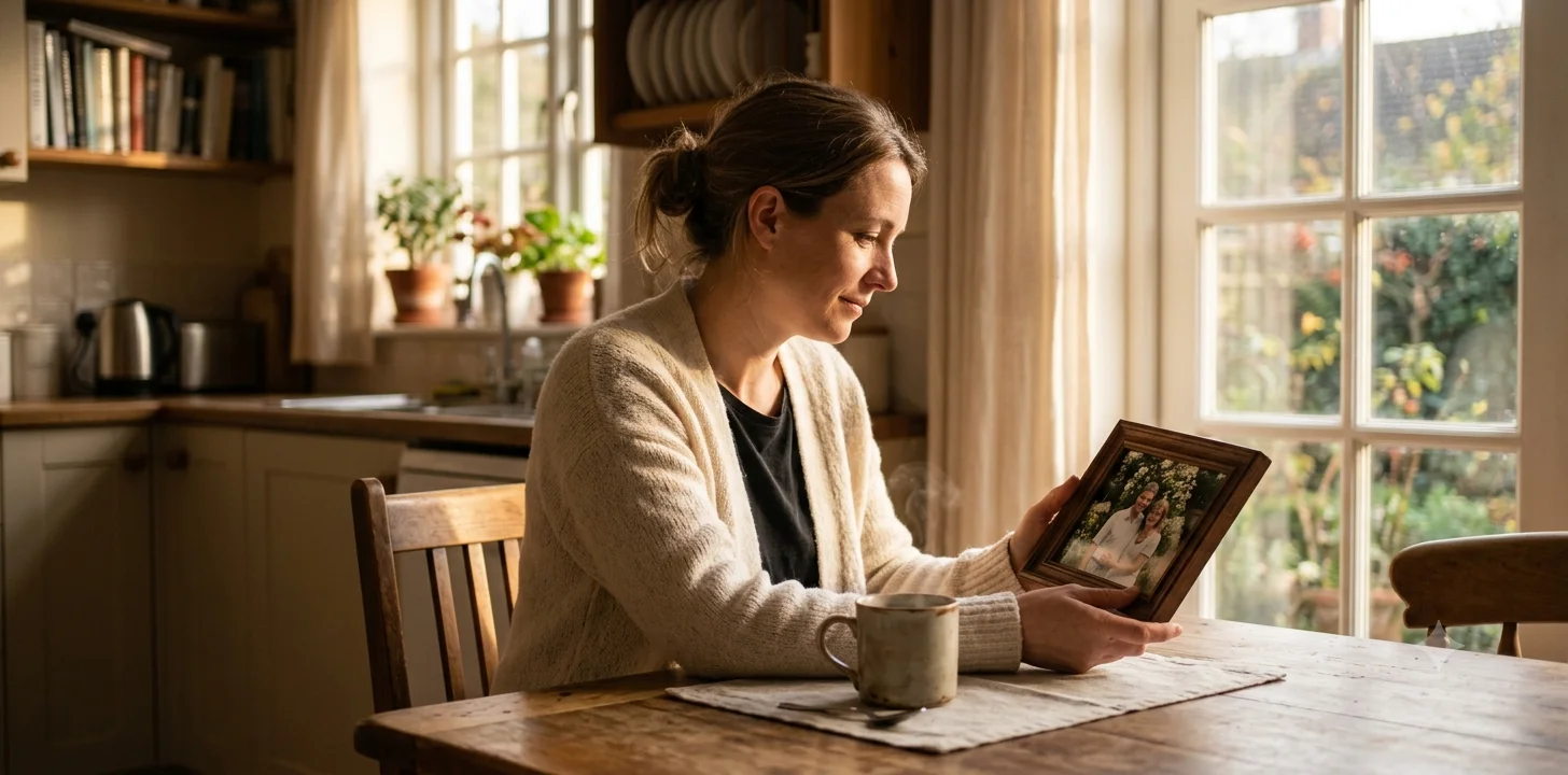 Woman sitting at a kitchen table in warm morning light, looking at a framed photograph of two people while a cup of coffee sits nearby: The 7 Stages of Grief