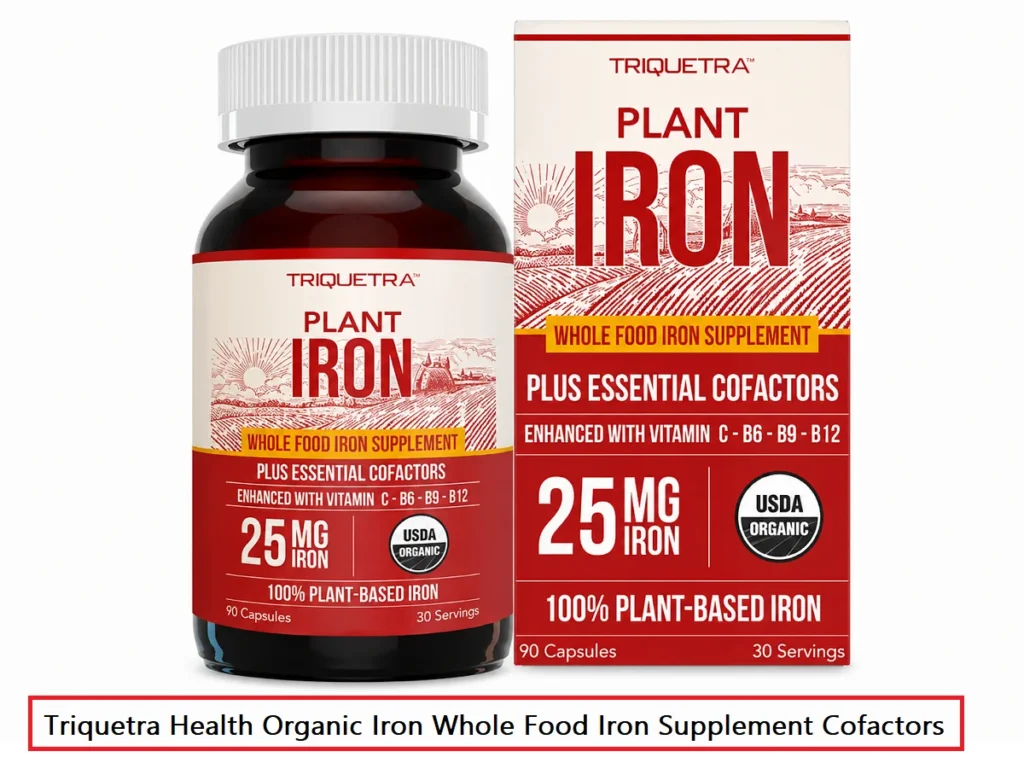 Triquetra Plant Iron bottle and box showing 25 mg iron, 90 capsules, USDA Organic seal, and cofactors vitamin C, B6, B9, B12
