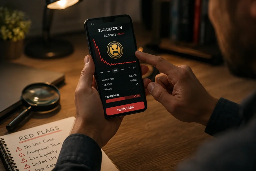 Investor reviewing Kwadin KDN token red flags before investing