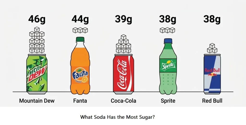 See grams of added sugar per 12 oz in Mountain Dew, Fanta, Coca-Cola, Sprite, and Red Bull soda, ranked side by side for a quick comparison.