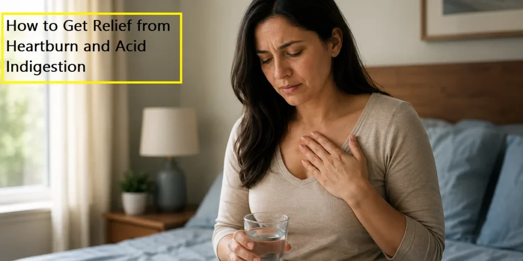 Woman sitting upright on the edge of a bed, hand resting on her chest with a look of discomfort, holding a glass of water, illustrating heartburn relief