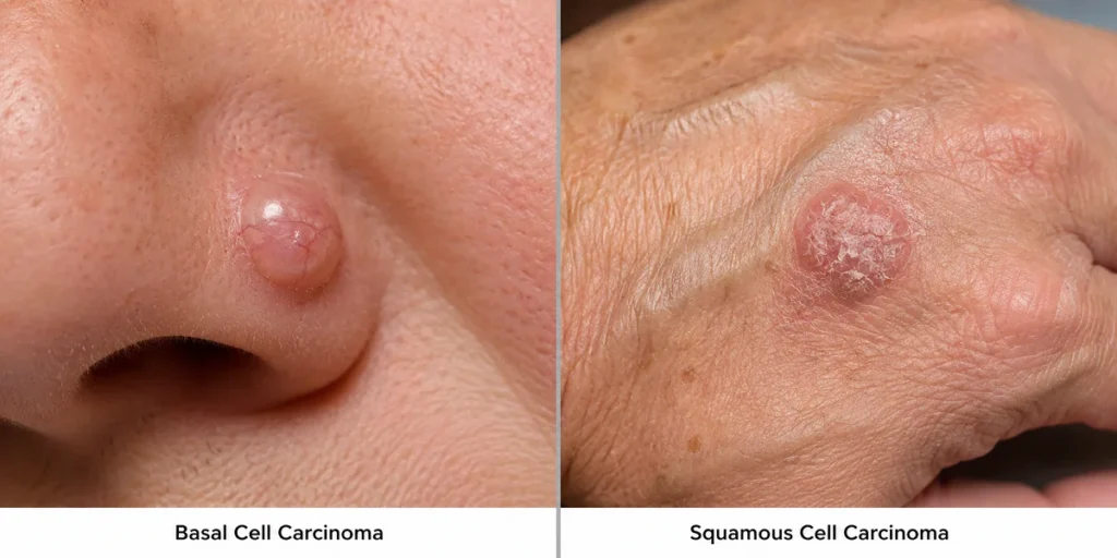 Side-by-side comparison illustration showing basal cell carcinoma as a pearly bump on the nose and squamous cell carcinoma as a scaly red nodule on the hand