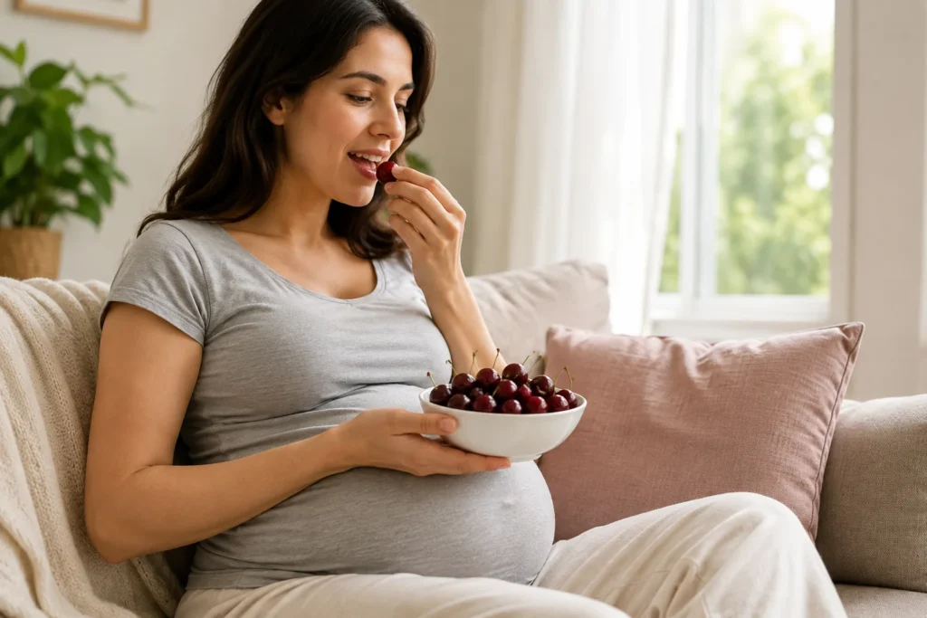 Fresh cherries being washed under running water, a safe way to eat cherries while pregnant
