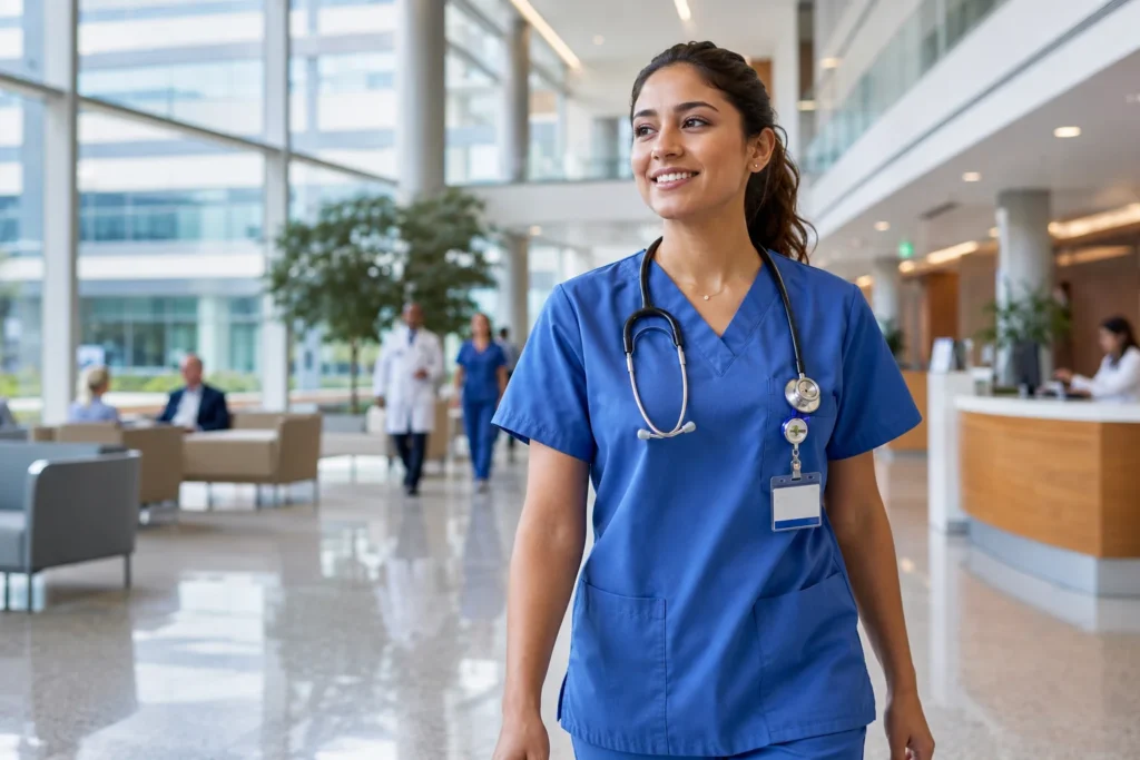 Nurse walking through hospital hallway, representing Cleveland Clinic careers in nursing