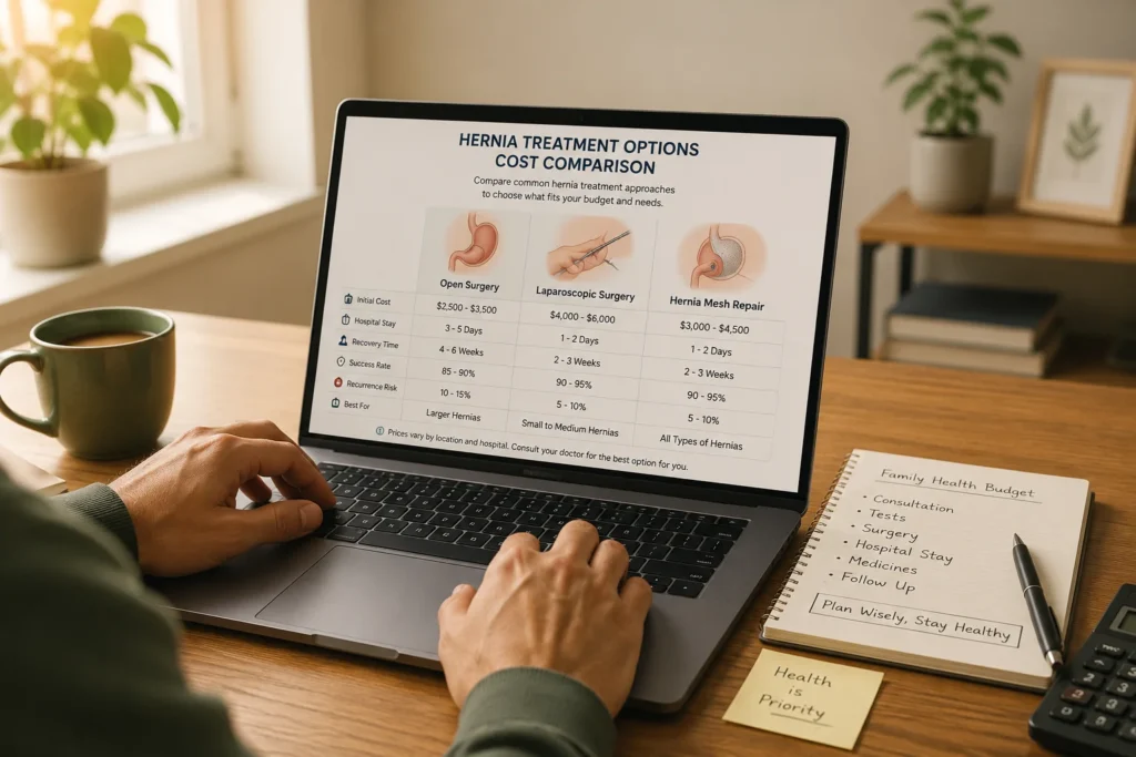 Person reviewing gastric balloon cost comparison chart on laptop while budgeting for weight loss treatment