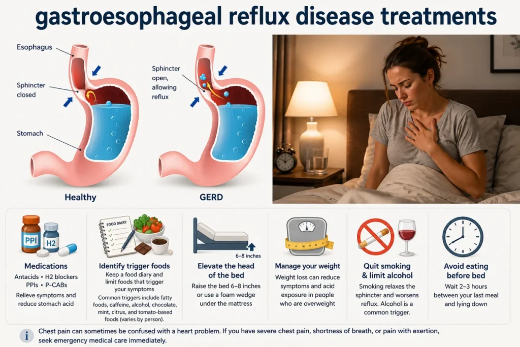 Medical infographic showing healthy and GERD stomach anatomy alongside a person experiencing nighttime reflux, with treatment options including medications, identifying trigger foods, elevating the head of the bed, weight management, quitting smoking, limiting alcohol, and avoiding meals before bedtime.