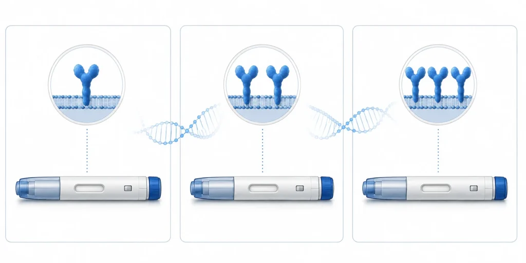 GLP-3 retatrutide illustration comparing single, dual, and triple hormone receptor injectable drugs